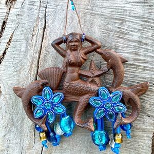 Mermaid, Dolphins & Blue Anemones Sun Catcher Mobile with Foiled Blown Glass